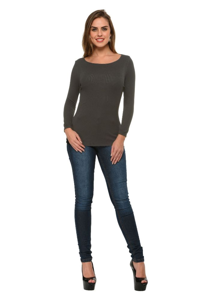 Picture of Frenchtrendz Bateau Neck Rib Viscose Charcoal Full Sleeves Tops