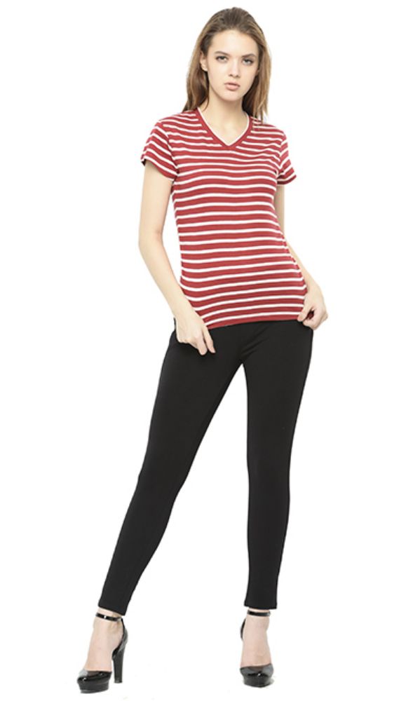 Picture of Frenchtrendz Cotton Red White V-Neck Half Sleeve Strip Medium Length Top