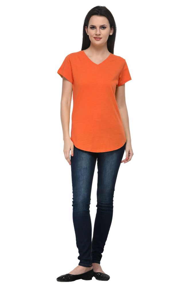 Picture of Frenchtrendz Cotton Slub Rust V-Neck short Sleeve Long Length Top