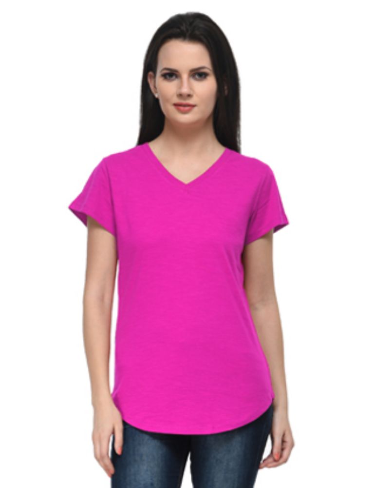 Picture of Frenchtrendz Cotton Slub Pink V-Neck short Sleeve Long Length Top