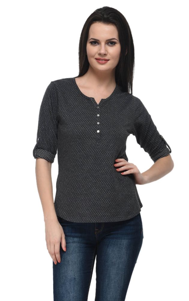 Picture of Frenchtrendz Cotton Poly Black Henley Neck 3/4 Sleeve Top