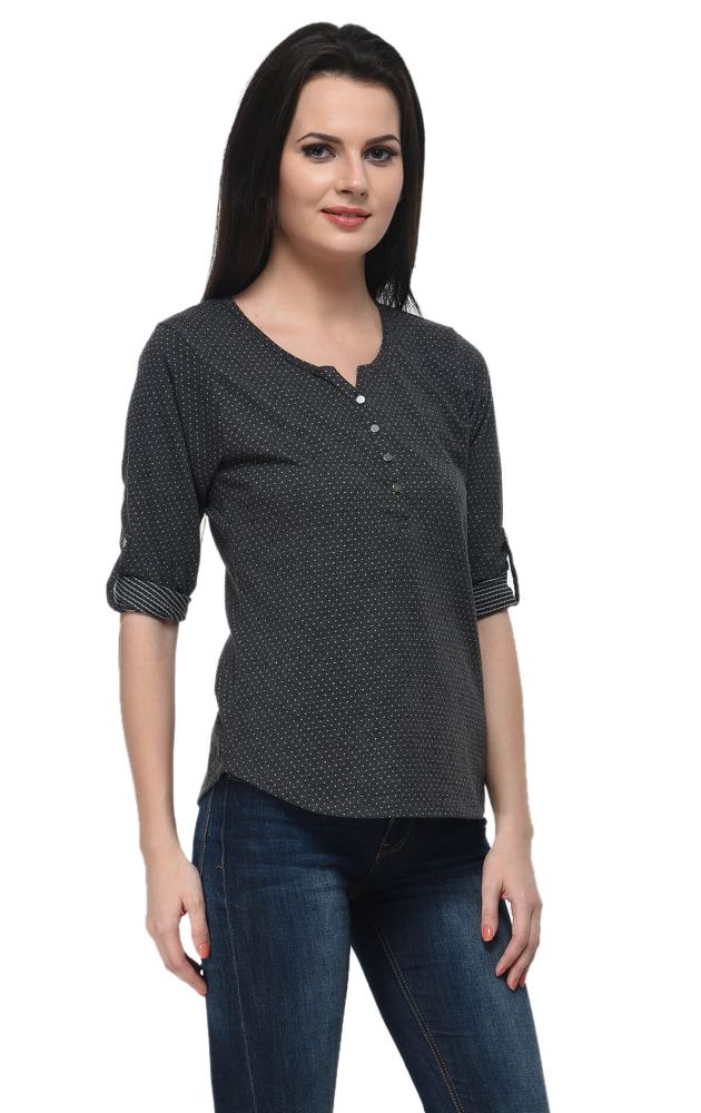 Picture of Frenchtrendz Cotton Poly Black Henley Neck 3/4 Sleeve Top