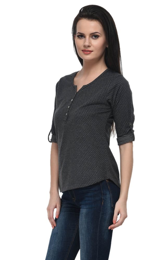 Picture of Frenchtrendz Cotton Poly Black Henley Neck 3/4 Sleeve Top