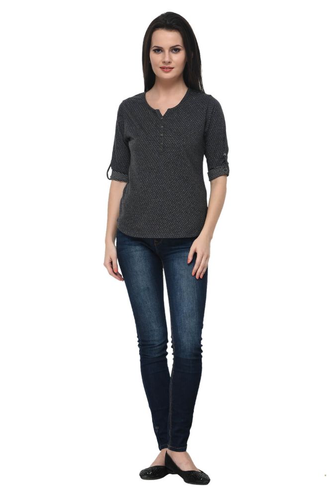 Picture of Frenchtrendz Cotton Poly Black Henley Neck 3/4 Sleeve Top