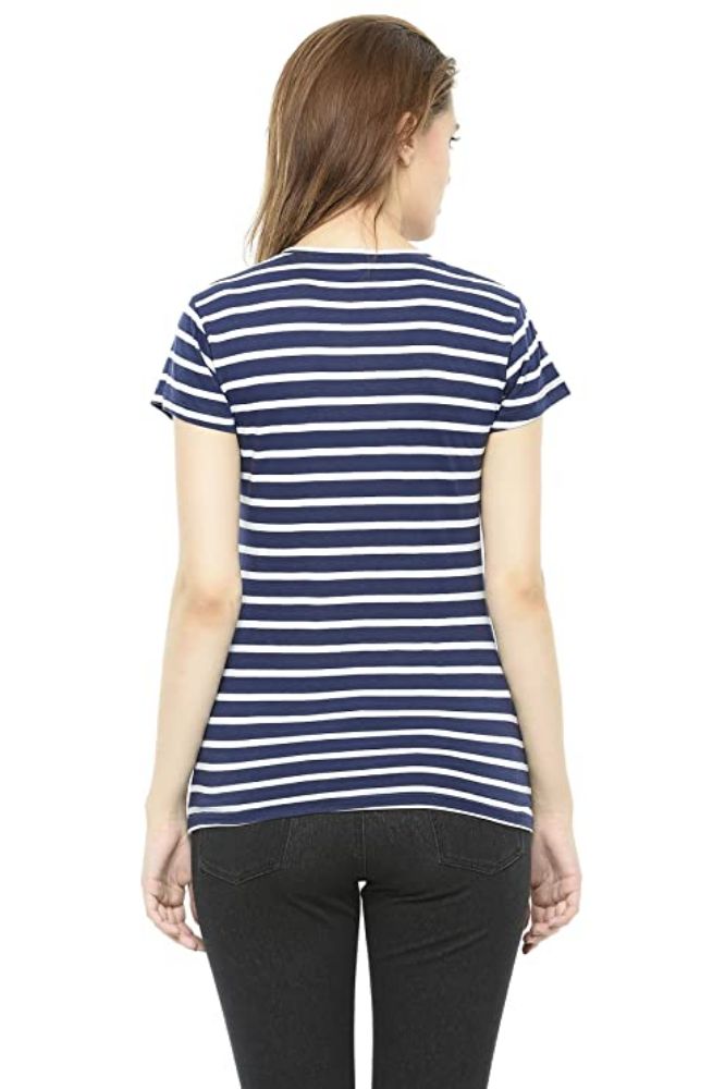 Picture of Frenchtrendz Cotton Navy White V-Neck Half Sleeve Strip Medium Length Top