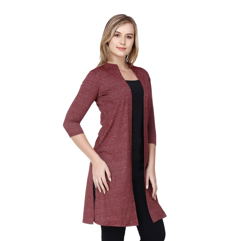 Picture of Frenchtrendz Cotton Poly Jaspe Maroon Long Length Side Slit Shrug