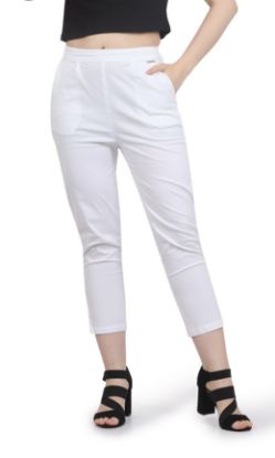 Picture of Frenchtrendz Women's Ankle Length Front Belt And Back Elasticated Poplin Lycra White Pant