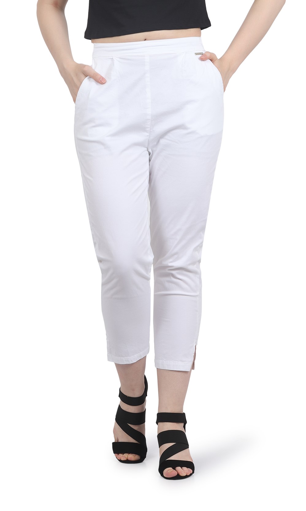 Frenchtrendz Women's Ankle Length Front Belt And Back Elasticated Poplin  Lycra White Pant