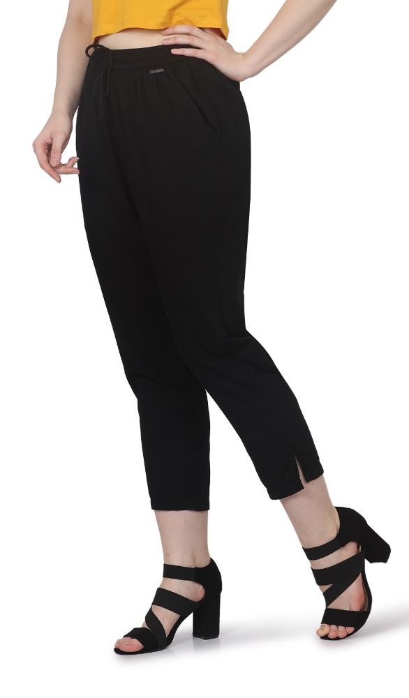 Picture of Frenchtrendz Women's Black cotton pant Elastic closure with drawstring