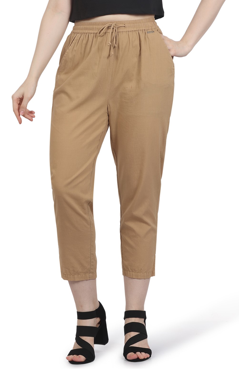 Frenchtrendz  Frenchtrendz Women's Ankle Length Front Belt And Back  Elasticated Poplin Lycra Beige Pant