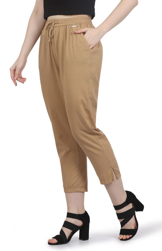 Picture of Frenchtrendz Women's Beige Cotton Pant Elastic Closure With Drawstring  