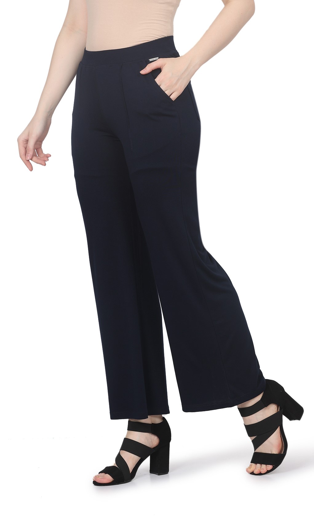 Frenchtrendz  Frenchtrendz Rayon Poly Plated Navy Bell Bottom Pant