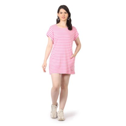 Picture of Frenchtrendz Women's Striped pink White Round Neck Dress