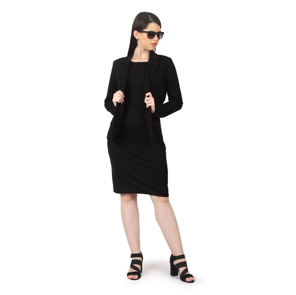 Picture of Frenchtrendz Women's  Rayon Poly Pleated Black Boat neck dress And Blazer Set