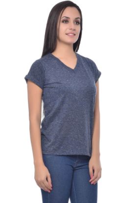 Picture of Frenchtrendz Women's Cotton Slub Neps Navy Short Sleeve V-Neck Top