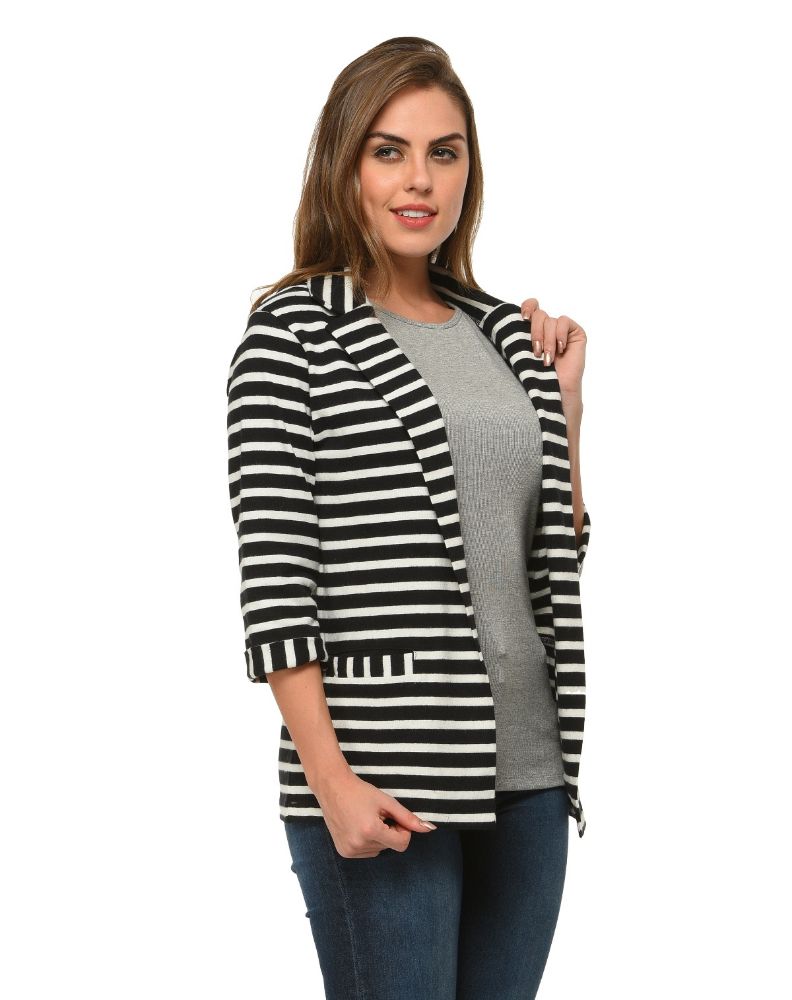 Picture of Frenchtrendz Women's Cotton Fleece Black-White Striped Winter Wear Coat Neck 3/4 Sleeve Shrug with 2 pocket in front
