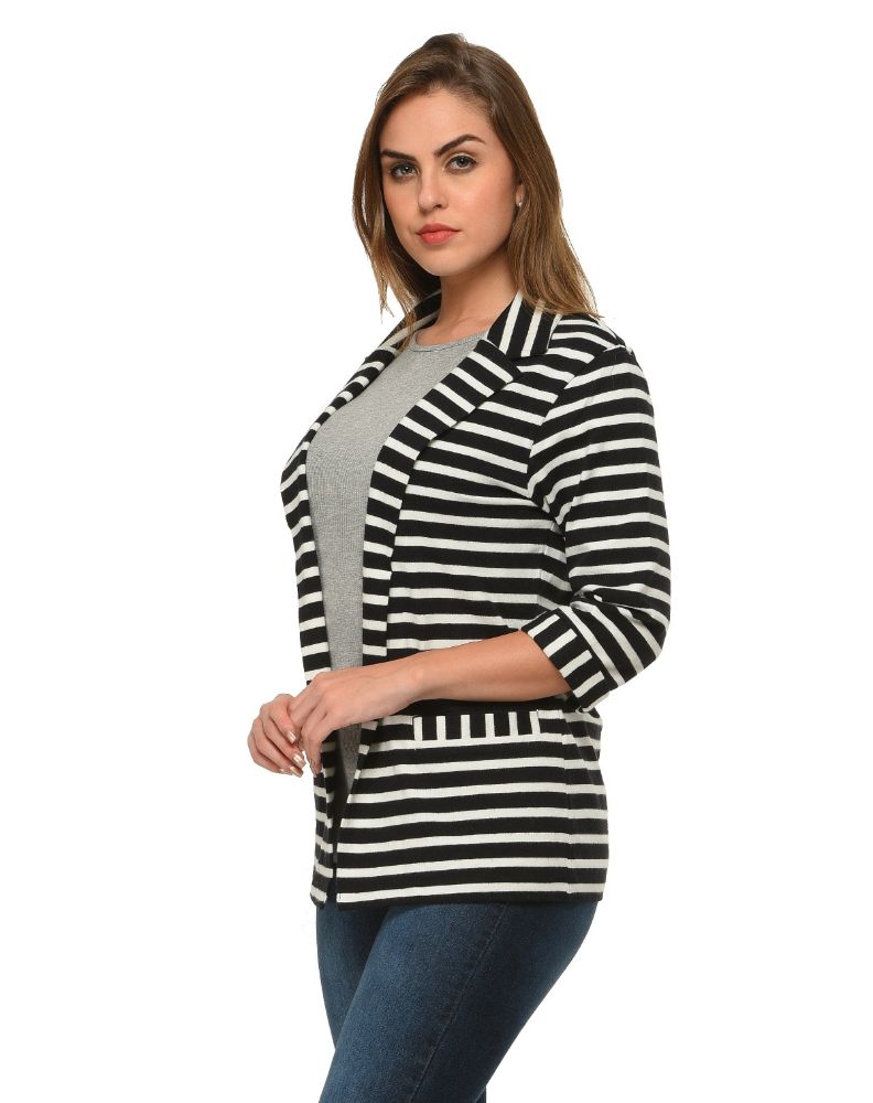Picture of Frenchtrendz Women's Cotton Fleece Black-White Striped Winter Wear Coat Neck 3/4 Sleeve Shrug with 2 pocket in front