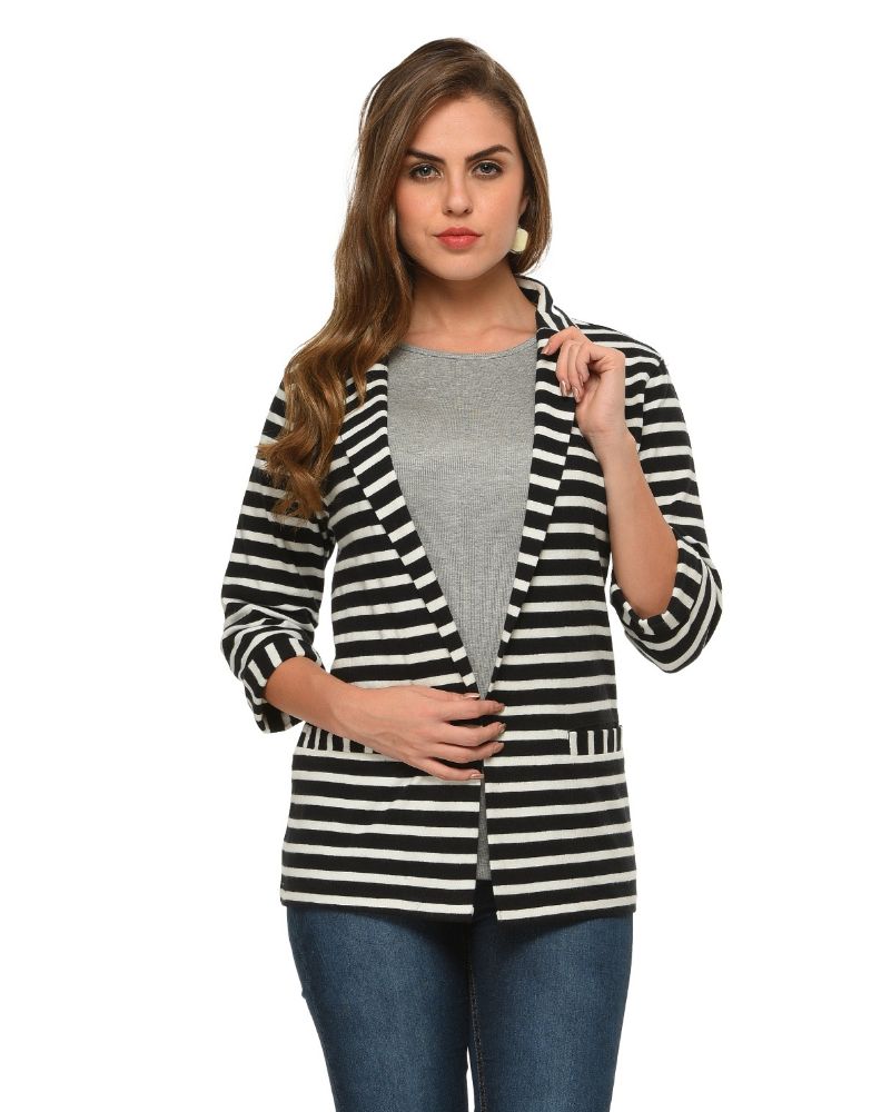 Picture of Frenchtrendz Cotton Fleece Black-White Striped Coat Neck 3/4 Sleeve Winter Shrug with Front Pockets