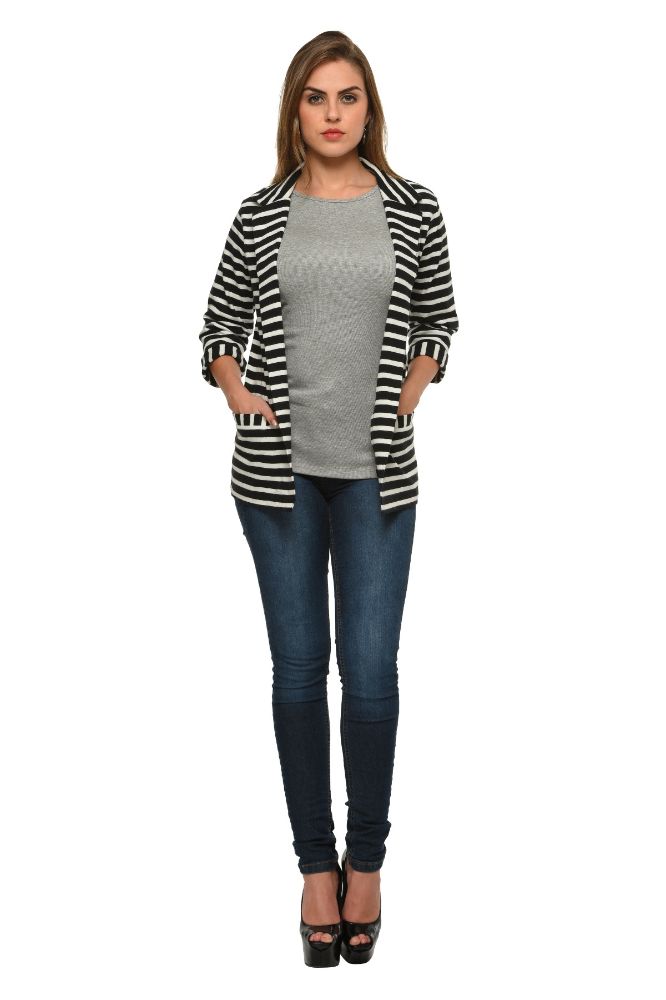 Picture of Frenchtrendz Cotton Fleece Black-White Striped Coat Neck 3/4 Sleeve Winter Shrug with Front Pockets