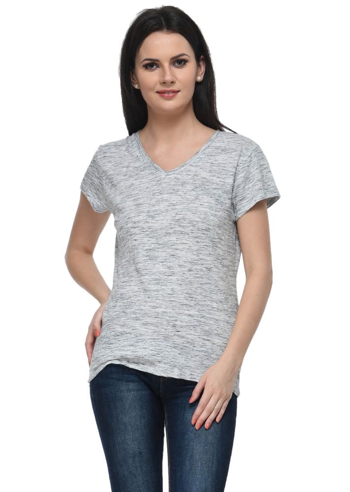 Picture of Frenchtrendz Cotton Injection Slub Light Grey V-Neck Short Sleeve Medium Length Tops
