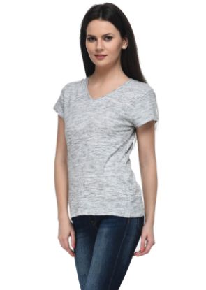 Picture of Frenchtrendz Cotton Injection Slub Light Grey V-Neck Short Sleeve Medium Length Tops