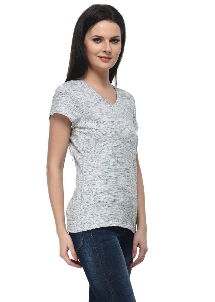Picture of Frenchtrendz Cotton Injection Slub Light Grey V-Neck Short Sleeve Medium Length Tops