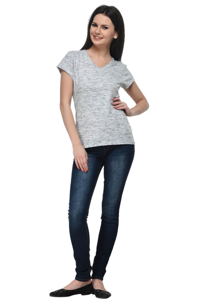 Picture of Frenchtrendz Women's Cotton Injection Slub Light Grey Short Sleeve And V-Neck Medium Length Top 