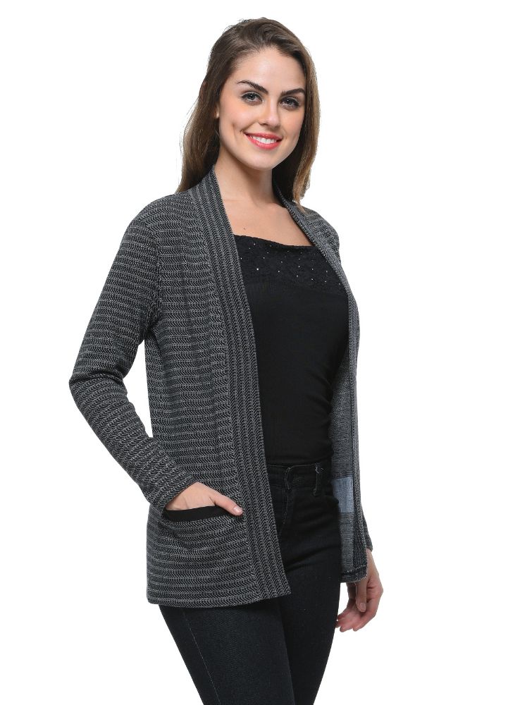 Picture of Frenchtrendz Women's Cotton Fleece Black-Grey Striped Shrug With Two Front Pockets