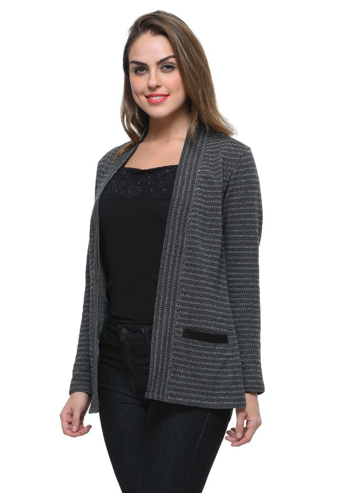 Picture of Frenchtrendz Women's Cotton Fleece Black-Grey Striped Shrug With Two Front Pockets