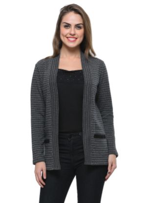 Picture of Frenchtrendz Women's Cotton Fleece Black-Grey Striped Shrug With Two Front Pockets