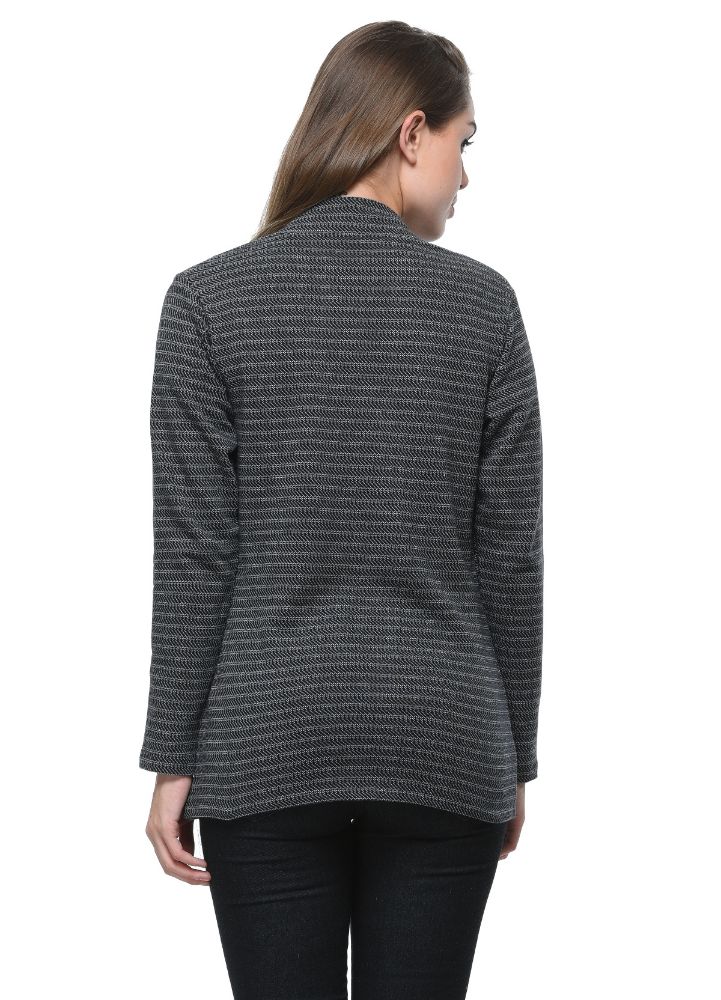 Picture of Frenchtrendz Women's Cotton Fleece Black-Grey Striped Shrug With Two Front Pockets