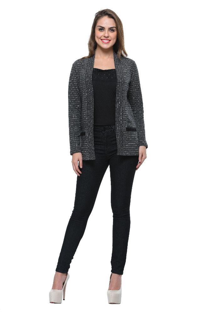 Picture of Frenchtrendz Cotton Fleece Black-Grey Striped Shrug With Two Front Pockets