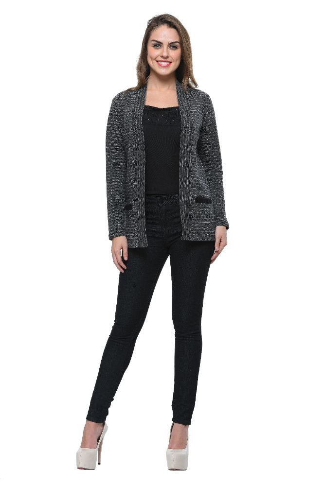 Picture of Frenchtrendz Women's Cotton Fleece Black-Grey Striped Shrug With Two Front Pockets