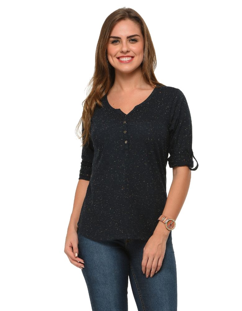 Picture of Frenchtrendz Women's Cotton Nepse Henley Neck 3/4 Sleeve Top, Navy 