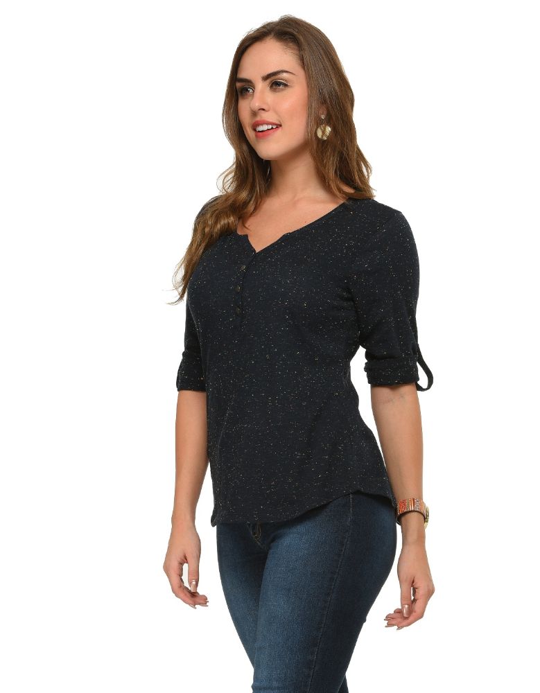 Picture of FrenchTrendz Cotton Nep Navy Henley Neck 3/4 Sleeve Tops