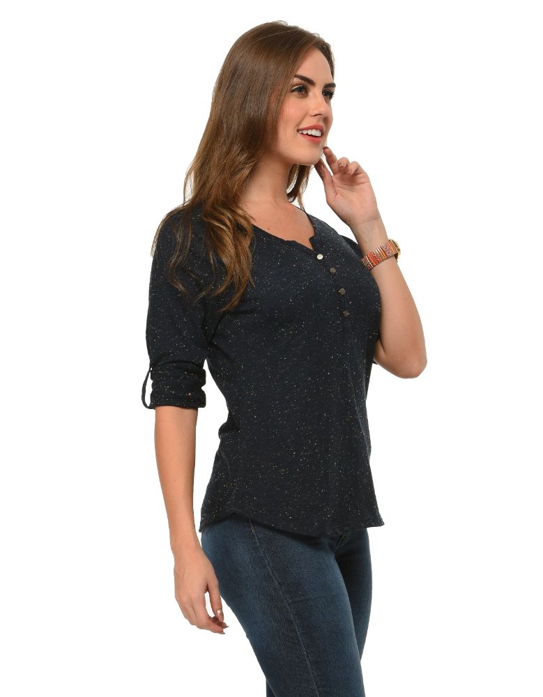 Picture of FrenchTrendz Cotton Nep Navy Henley Neck 3/4 Sleeve Tops