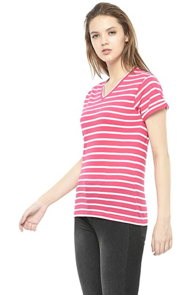 Picture of Frenchtrendz Women's Cotton Striped V-Neck Half Sleeve Medium Length Top, Pink-White