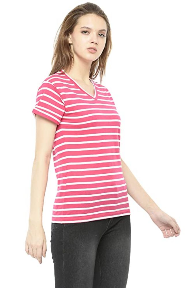 Picture of Frenchtrendz Cotton Pink-White Striped V-Neck Half Sleeve Medium Length Tops