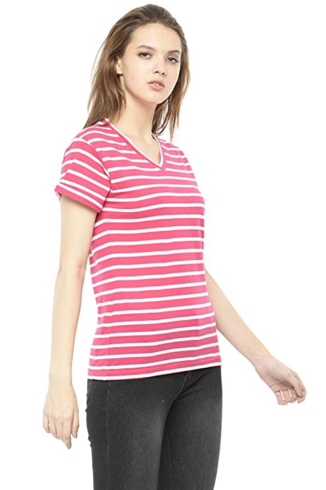 Picture of Frenchtrendz Women's Cotton Striped V-Neck Half Sleeve Medium Length Top, Pink-White