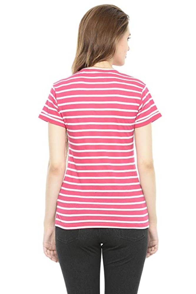 Picture of Frenchtrendz Women's Cotton Striped V-Neck Half Sleeve Medium Length Top, Pink-White