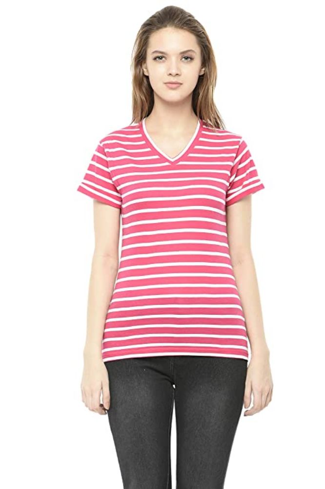 Picture of Frenchtrendz Women's Cotton Striped V-Neck Half Sleeve Medium Length Top, Pink-White