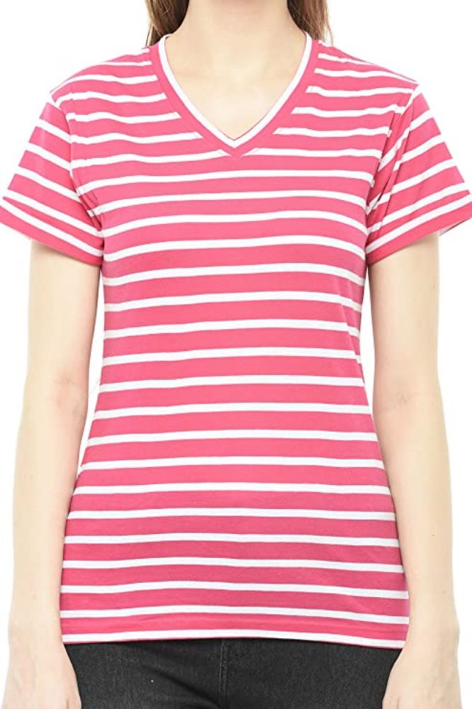 Picture of Frenchtrendz Cotton Pink-White Striped V-Neck Half Sleeve Medium Length Tops
