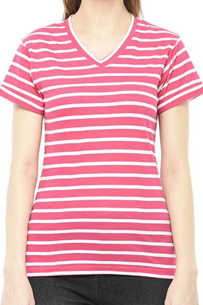 Picture of Frenchtrendz Women's Cotton Striped V-Neck Half Sleeve Medium Length Top, Pink-White