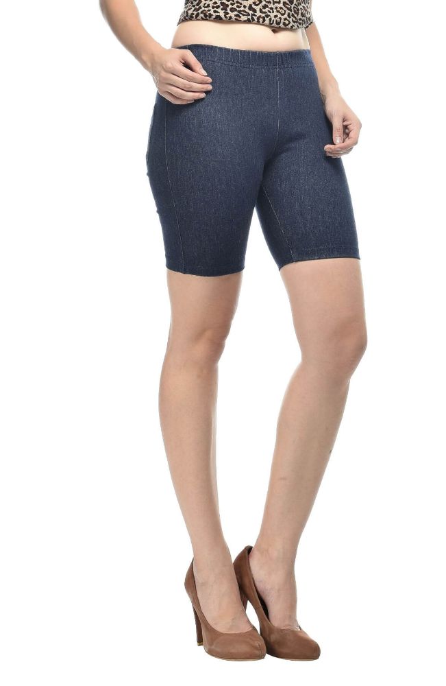 Picture of Frenchtrendz Women's Cotton Modal Spandex Indigo Blue Pull On Jegging Shorts with Elastic Waistband, Two Back Pockets