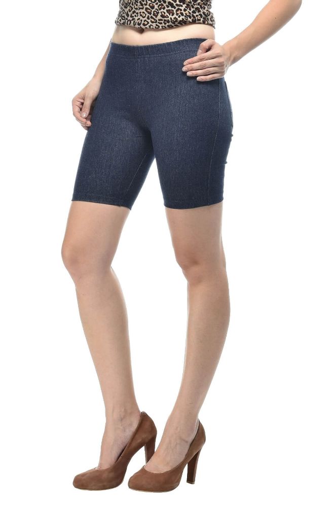 Picture of Frenchtrendz Women's Cotton Modal Spandex Indigo Blue Pull On Jegging Shorts with Elastic Waistband, Two Back Pockets