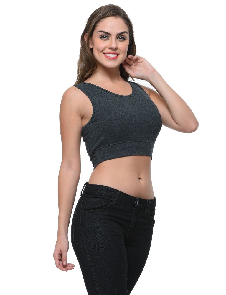 Picture of Frenchtrend Women's Viscose Spandex Charcoal Grey Stylish Summer Regular Fit Crop Top