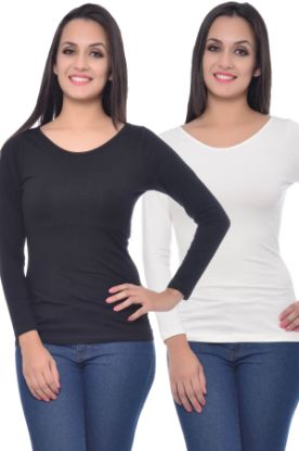 Picture of Frenchtrendz Cotton Spandex Black & Ivory Bateu Neck Full Sleeve Top Combo