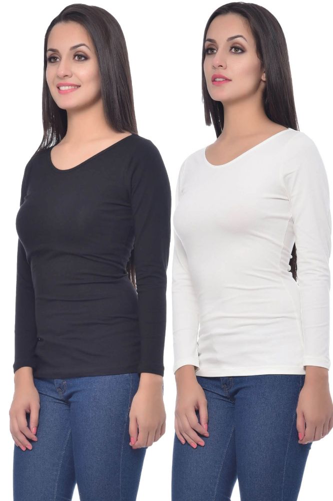Picture of Frenchtrendz Cotton Spandex Black & Ivory Bateu Neck Full Sleeve Top Combo