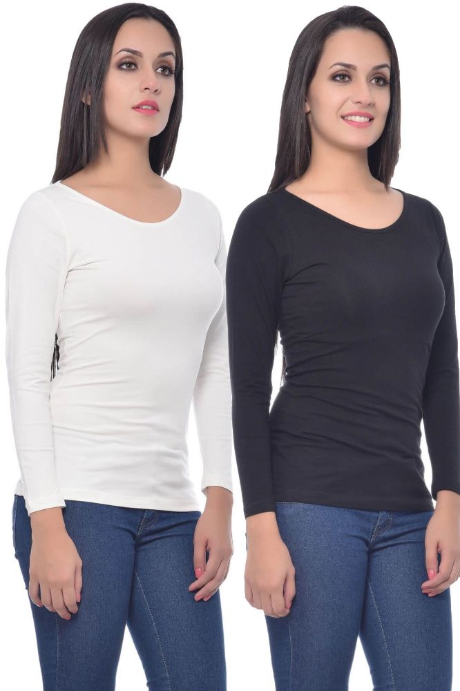 Picture of Frenchtrendz Cotton Spandex Black & Ivory Bateu Neck Full Sleeve Top Combo