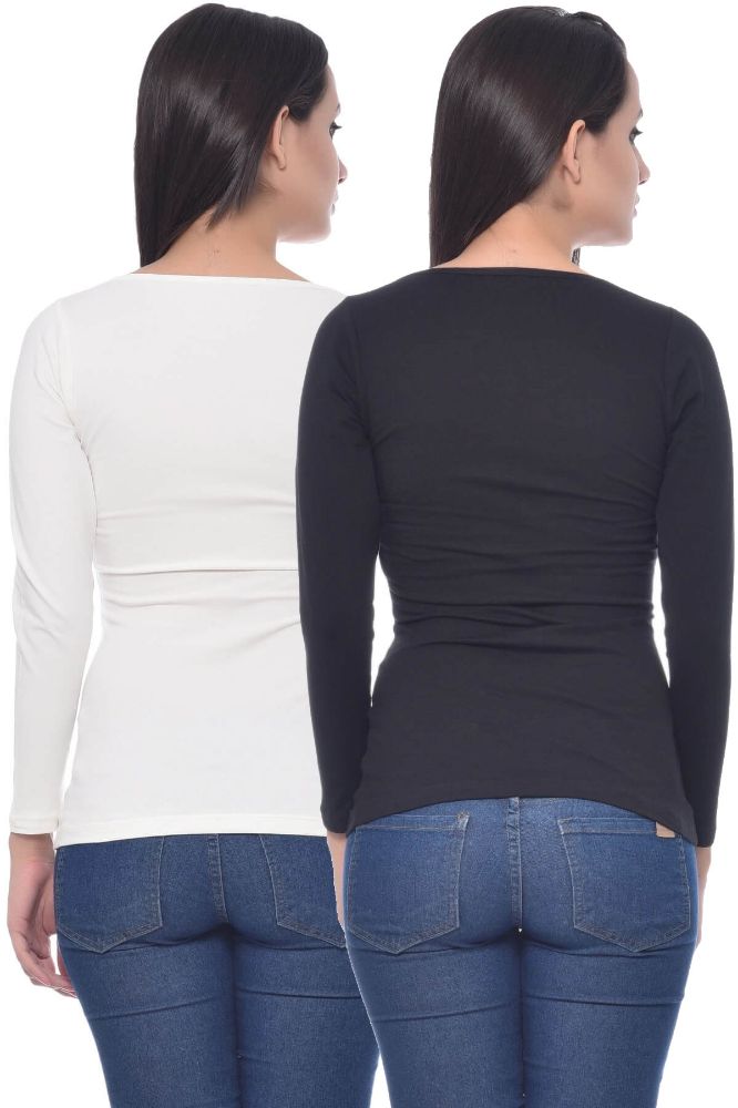Picture of Frenchtrendz Cotton Spandex Black & Ivory Bateu Neck Full Sleeve Top Combo